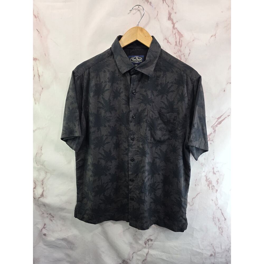 Nat Nast Shirt Mens Medium Black Silk Palm Tree Short Sleeve Button Up Camp